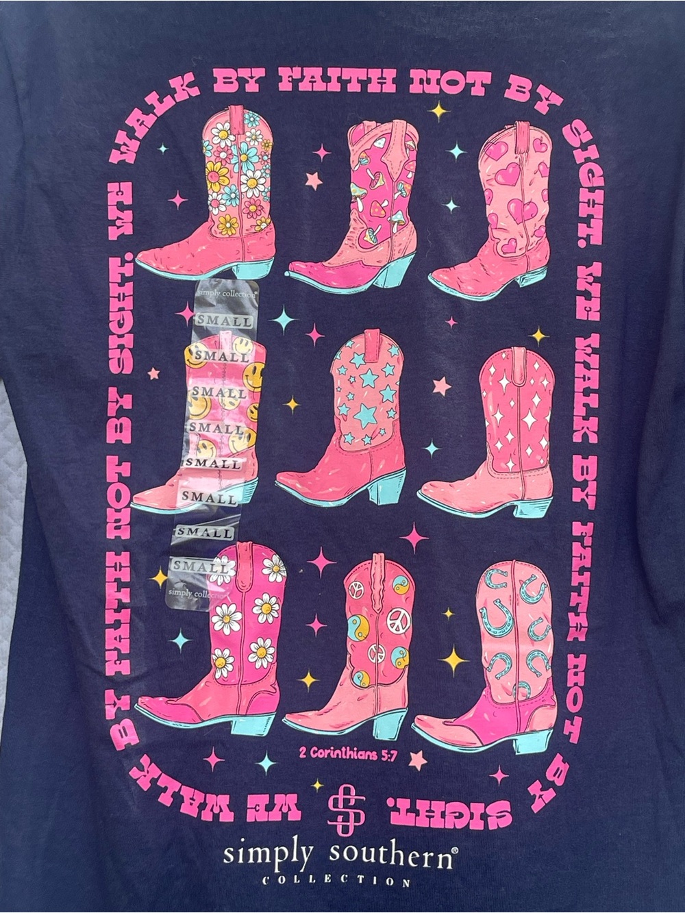 Simply Southern Women’s Small Navy Blue Long Sleeve Faith Cowboy Boots Shirt NWT - Picture 2 of 6